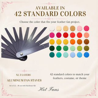 XL 2 layers aluminum fan staves set of 12 available in 42 standard colors for DIY feather fan making, costume, and stage performance projects