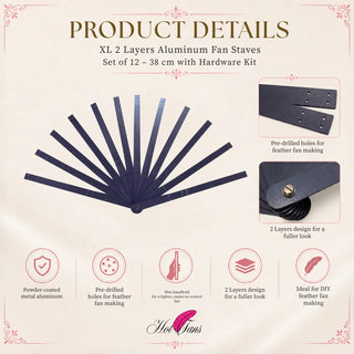 Close-up product details of XL 2 layers aluminum fan staves showing powder-coated metal aluminum, pre-drilled holes, slim handhold, and 2 layers design