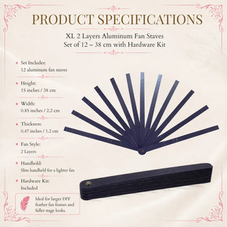 XL 2 layers aluminum fan staves set of 12 in BLACK, 38 cm powder-coated metal fan staves with hardware kit for DIY feather fan making