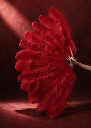 XXL 2-layer ostrich feather fan for advanced stage look, ideal for burlesque, dance, drag, cosplay, and show performances