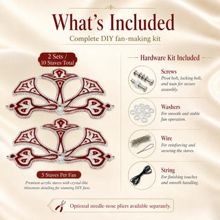 What is included with Acrylic PMMA crystal pheasant fan staves pair set, including 10 staves, screws, washers, wire, string, and hardware kit