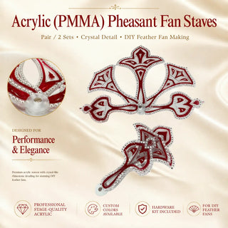 Acrylic PMMA crystal pheasant fan staves sold as a pair with transparent acrylic body, colored frame, and rhinestone detailing for DIY feather fan making