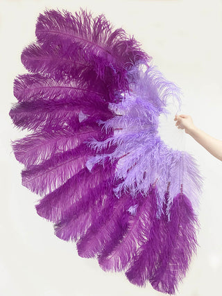 Éventail XL 2 épaisseurs de plumes d'autruche mélange violet foncé et violet aqua 34''x 60''