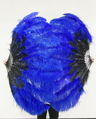 Éventail en plumes d'autruche 2 couches mélange noir et bleu royal 30"x 54"