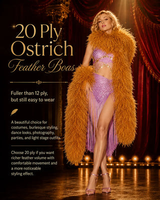 20 ply ostrich feather boas for costumes, burlesque styling, parties, photography, dance looks, and light stage outfits