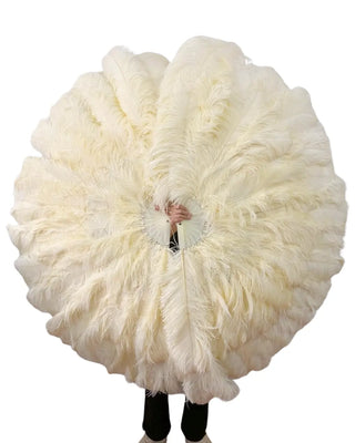 Abanico de plumas de avestruz de tres capas color beige 35"incógnita 70" - Apertura total de 180 grados