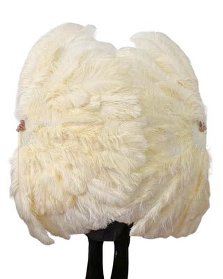 Abanico de plumas de avestruz de tres capas color beige 35"incógnita 70" - Apertura total de 180 grados