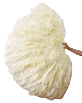 Abanico de plumas de avestruz de tres capas color beige 35"incógnita 70" - Apertura total de 180 grados