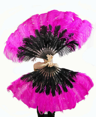 Éventail de plumes d'autruche à 2 couches, mélange de noir et de rose vif, 30 "x 54"
