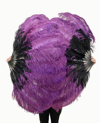Éventail de plumes d'autruche à 2 couches, mélange de violet foncé et de noir, 30 "x 54"