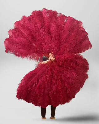 バーガンディ 3層ダチョウ羽根扇子 35"× 63"