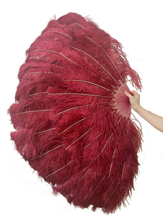 Burgundy Triple layers ostrich Feather Fan 35"x 63" Rhinestone on spines