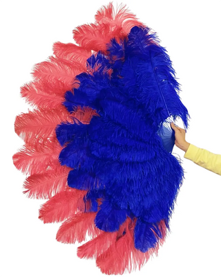 Mix color Coral Red / Royal Blue Triple layers Ostrich Feather Fan 35"x 63"