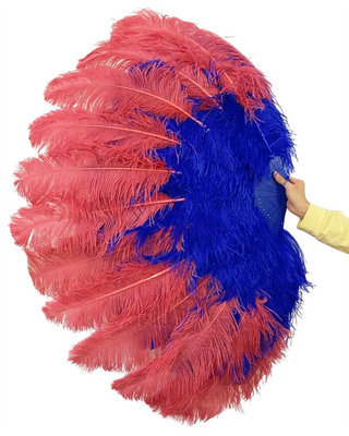 Mix color Coral Red / Royal Blue Triple layers Ostrich Feather Fan 35"x 63"