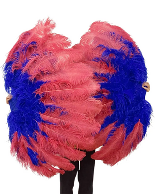 Mix color Coral Red / Royal Blue Triple layers Ostrich Feather Fan 35"x 63"