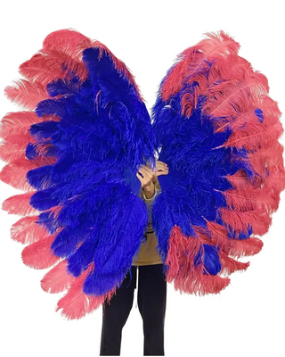 Mix color Coral Red / Royal Blue Triple layers Ostrich Feather Fan 35"x 63"