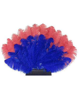 Mix color Coral Red / Royal Blue Triple layers Ostrich Feather Fan 35"x 63"
