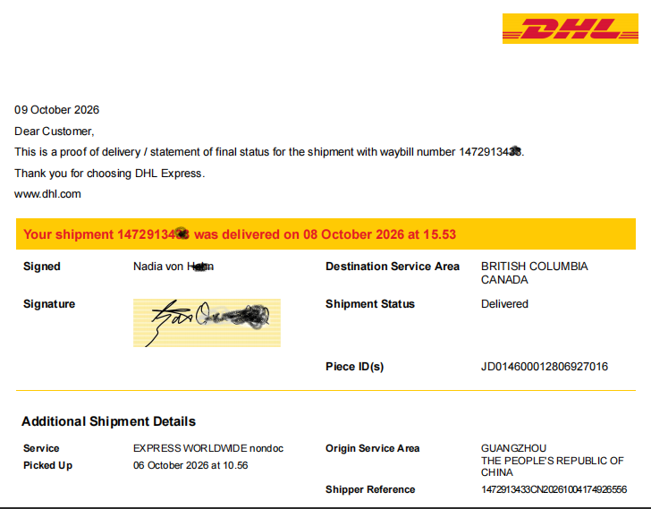 Redacted DHL delivery proof