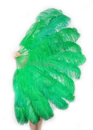 Éventail en plumes d'autruche vert émeraude XL 2 couches 34"x 60"