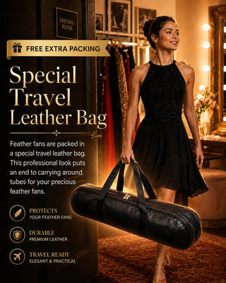 Special travel leather bag included for safer feather fan storage and transport