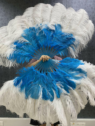 Mix white & turquoise 2 Layers Ostrich Feather Fan 30"x 54"