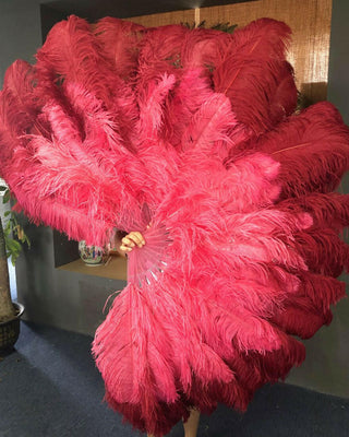 Mix coral red & Burgundy XL 2 Layer Ostrich Feather Fan 34''x 60''