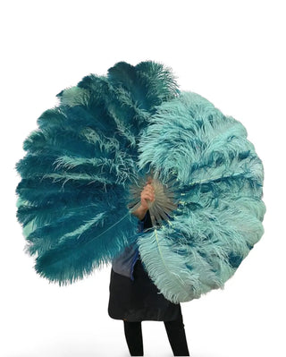 ミント & ティール 単層 両面 ダチョウ羽根扇子 25"× 47"