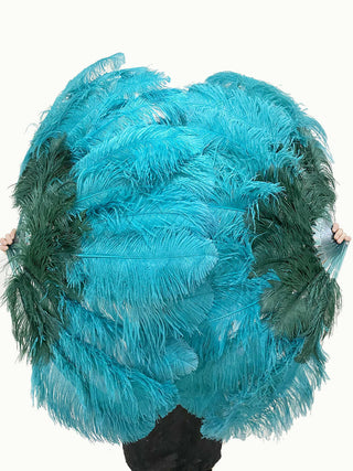 Mix forest green & Teal 2 Layers Ostrich Feather Fan 30"x 54"