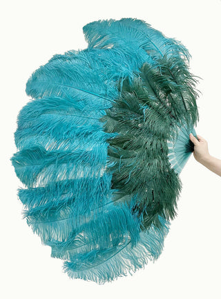 Éventail de plumes d'autruche à 2 couches, mélange de vert forêt et de bleu sarcelle, 30 "x 54"