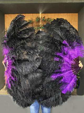 Éventail de plumes d'autruche à 2 couches, mélange de noir et de violet foncé, 30 "x 54"