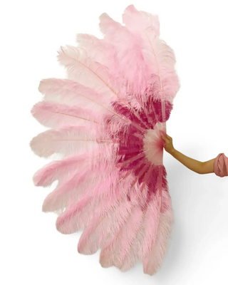 Abanico de plumas de avestruz de 2 capas, color rosa claro/fucsia, apertura total de 180 grados 30"incógnita 60"