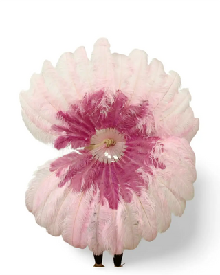 Ventaglio di piume di struzzo a 2 strati rosa chiaro/fucsia, completamente aperto a 180 gradi 30"X 60"
