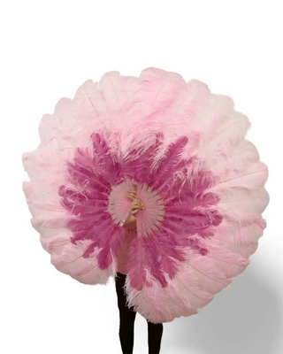 Abanico de plumas de avestruz de 2 capas, color rosa claro/fucsia, apertura total de 180 grados 30"incógnita 60"