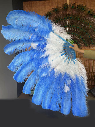 Mix white & sky blue XL 2 Layer Ostrich Feather Fan 34''x 60''