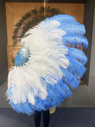 Mix white & sky blue XL 2 Layer Ostrich Feather Fan 34''x 60''