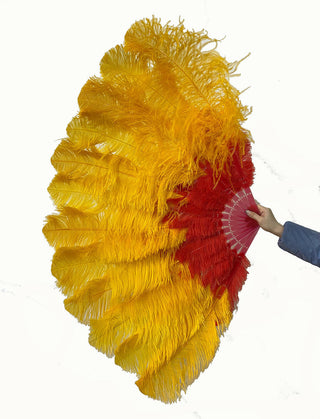 Mix red & Gold yellow 2 Layers Ostrich Feather Fan 30"x 54"