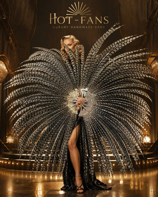 Oversized natural patterned pheasant feather fan with decorative staves for burlesque and stage performance by HOT-FANS.