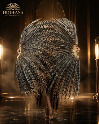 Pair of oversized natural patterned pheasant feather fans with black and ivory markings by HOT-FANS.
