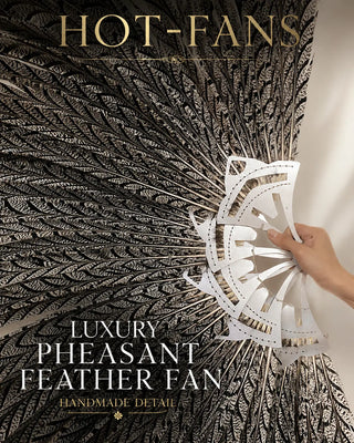 Close-up of natural patterned pheasant feathers and decorative fan stave construction by HOT-FANS.