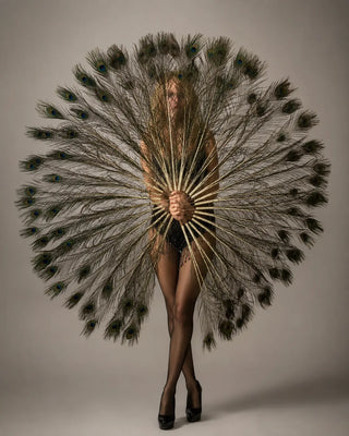 Natural peacock feather fan fully opened with blue-green eye feather markings