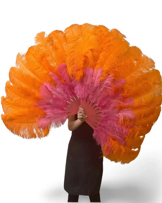 オレンジミックス & コーラルレッド2層ダチョウ羽根扇子 30"× 54"