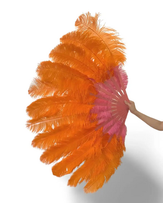 オレンジミックス & コーラルレッド2層ダチョウ羽根扇子 30"× 54"