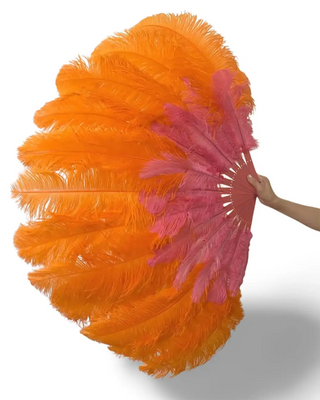 オレンジミックス & コーラルレッド2層ダチョウ羽根扇子 30"× 54"