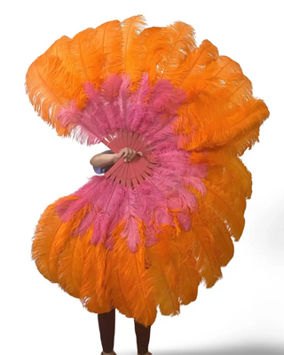 オレンジミックス & コーラルレッド2層ダチョウ羽根扇子 30"× 54"