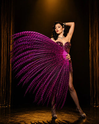 Colored Lady Amherst pheasant tail feather fan for burlesque cabaret and showgirl acts