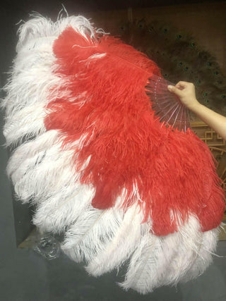 Éventail en plumes d'autruche 2 épaisseurs mélange rouge et blush XL 34''x 60''