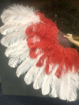 Éventail en plumes d'autruche 2 épaisseurs mélange rouge et blush XL 34''x 60''