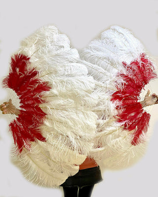Mix white & red 2 Layers Ostrich Feather Fan 30"x 54"