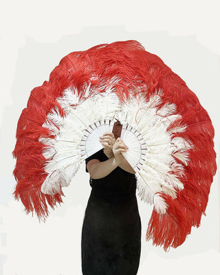 Mix red & white 2 Layers Ostrich Feather Fan 30"x 54"