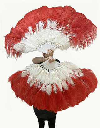 Mix red & white 2 Layers Ostrich Feather Fan 30"x 54"